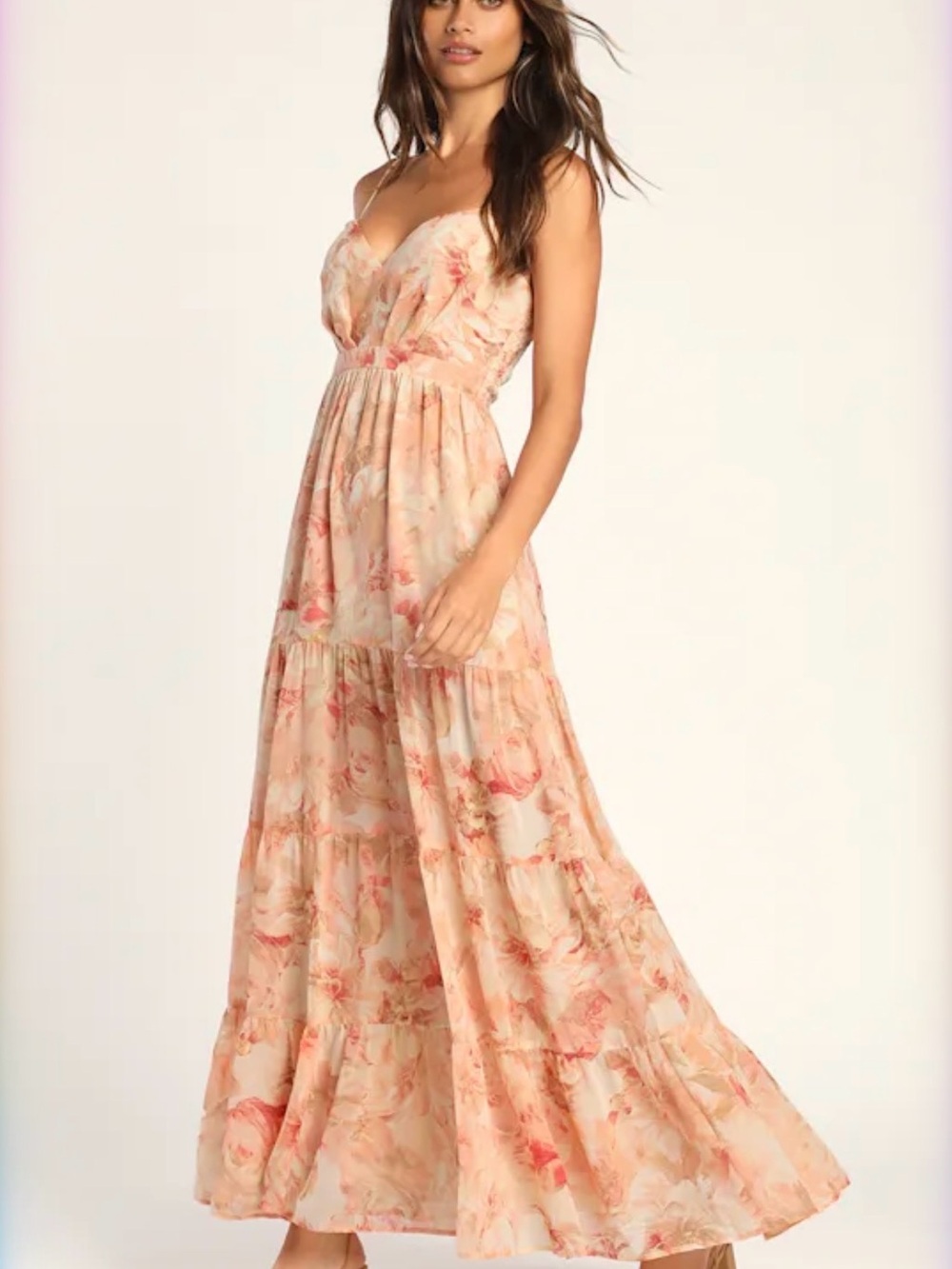 Lulu's Peach Floral Tiered Maxi Dress